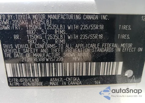 2015 Toyota Rav4 Limited z USA, uszkodzony, nr VIN 2T3YFREV8FW157399